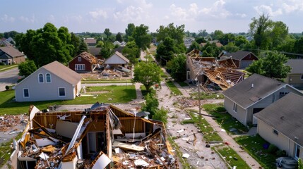 Fototapeta premium Devastation After Tornado Strikes Residential Neighborhood with Damaged Homes and Debris Scattered Across Streets