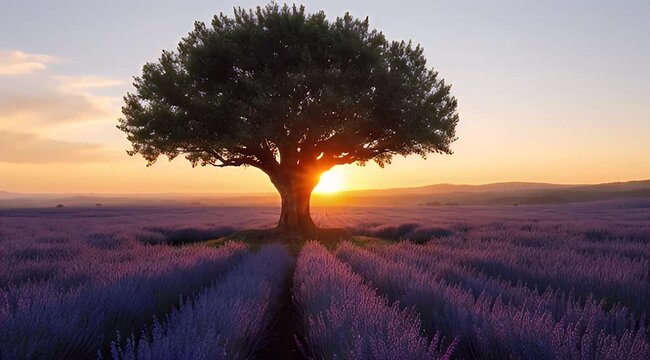 Golden sunset behind a large tree centered in a vast field of purple lavender