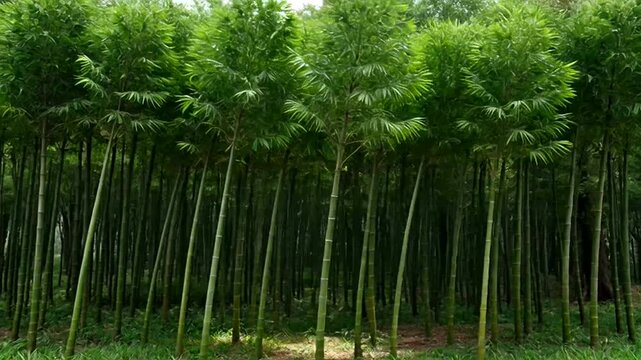 A dense thicket of tall bamboo stalks reaching towards the sky, bathed in a soft light. The verdant canopy creates a sense of depth and tranquility. 