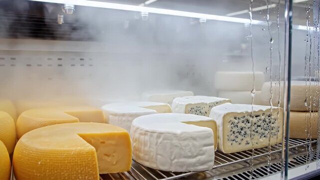 Diverse Assortment Of Artisan Cheeses Displayed In A Refrigerated Case With Fine Mist Spray Cooling System Preserving Freshness And Quality For Retail Sale