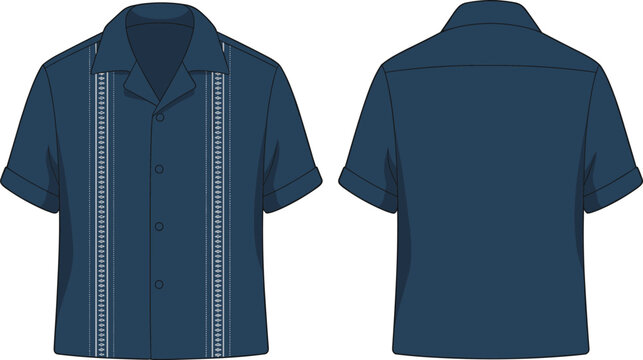 Men Cuban collar short sleeve shirt technical fashion flat with embroidered panel design front and back casual summer guayabera style vector illustration