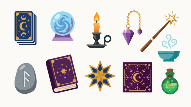 A collection of mystical and magical items, including tarot cards, a crystal ball, a wand, and potions, set against a plain background.