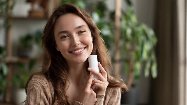 Young woman holding deodorant stick, smiling, natural background with plants