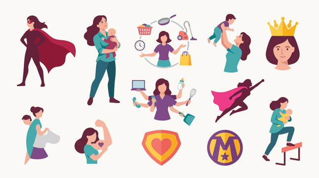 Collection of illustrations depicting mothers as superheroes juggling various tasks and responsibilities with strength and grace.