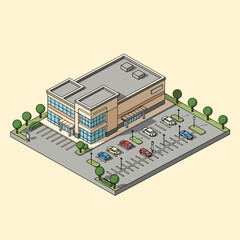 Isometric illustration of a modern commercial building with a parking lot and surrounding trees.