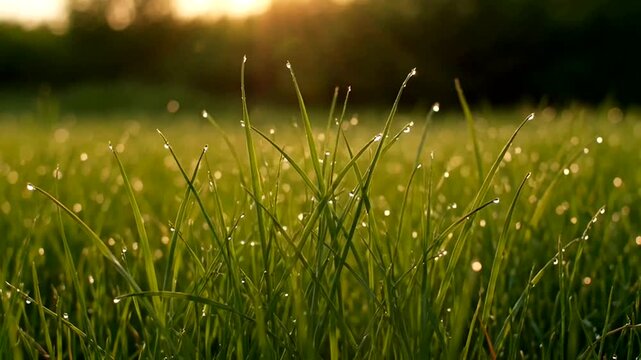 Close up shot of fresh green grass blades adorned with morning dew drops catching sunlight. The golden sun creates a warm and gentle atmosphere. 