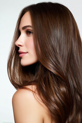 Naklejka premium Profile portrait of a young woman with long, shiny brown hair and natural makeup.