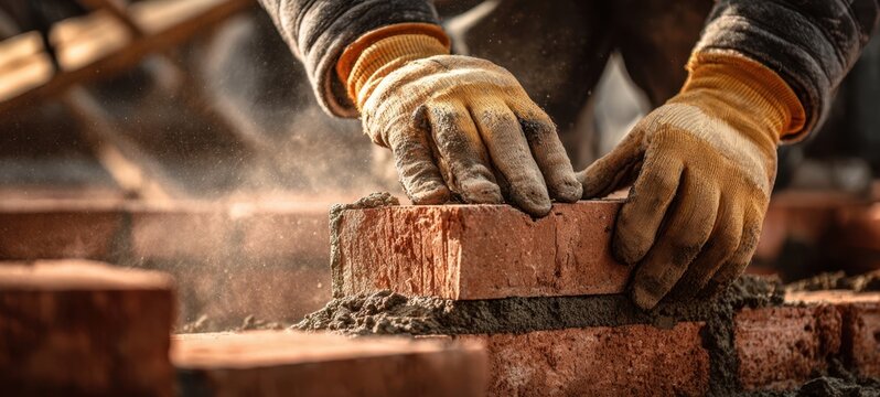 The Bricklayer's Hands Building a Red Brick Wall with Mortar
