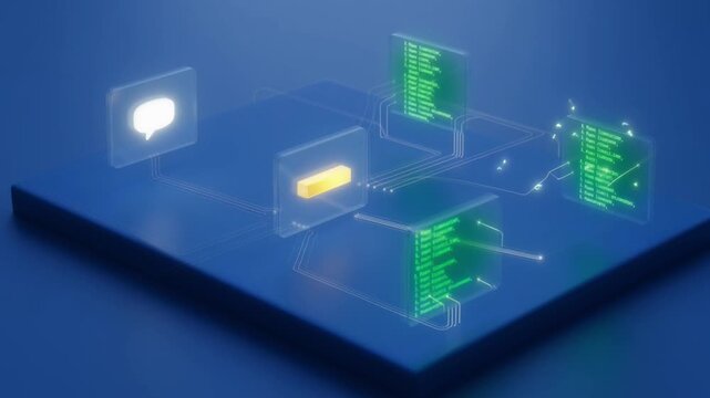 Digital data flow visualization with glowing chat bubbles and code screens on a dark blue background isometric perspective