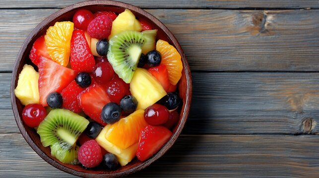 Vibrant fruit salad bowl with strawberry, kiwi, blueberry, and pineapple slices on rustic wooden table, healthy organic dessert and breakfast for weight loss and wellness.