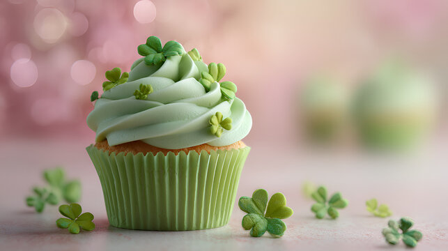 Festive green cupcake with shamrock decorations