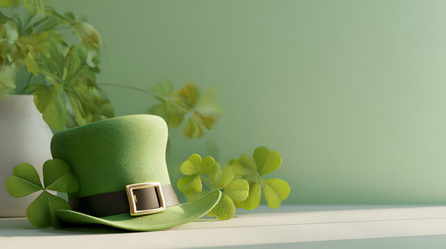 Green hat and shamrocks on soft green minimalist background