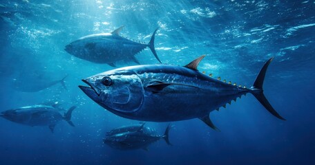 Fototapeta premium The Tuna Swimming Through Sunlit Blue Ocean with a School Nearby
