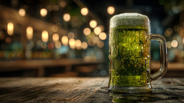 Pint of green beer with foam on dark bar counter