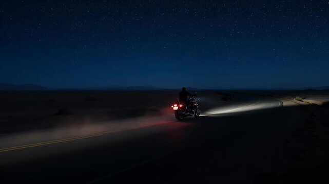 Solitary motorcyclist on a red cruiser riding on a dark desert road under a star-lit sky
