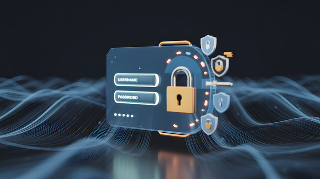Digital login screen with padlock and security shields floating around it.