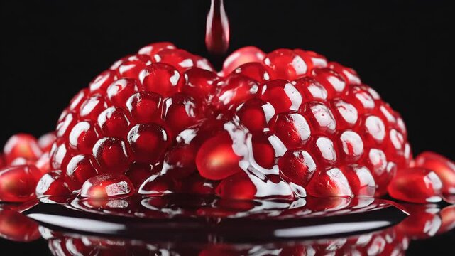 Closeup of Pomegranate Seeds with Juice Pouring Over.