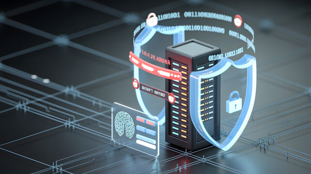 Digital server security, network protection, fingerprint access, and binary code shield.