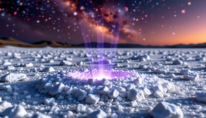 The image depicts a vast, icy landscape with a central glowing phenomenon emerging from a circular formation of jagged ice chunks
