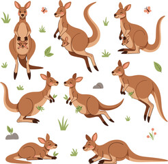 Obraz premium Cute Kangaroo Cartoon Animal Set with Joey in Pouch Showing Different Poses Jumping Sitting Running Australian Wildlife Character Vector Illustration Collection