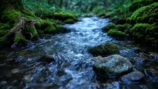 Serene Creek in Lush Forest: A crystal-clear creek meanders through a dense, green forest, its waters reflecting the beauty of the surrounding nature and the play of sunlight. 