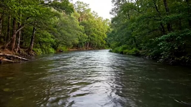 River of Serenity: a tranquil river flows gracefully through a vibrant, lush forest. The scene evokes a sense of peace and tranquility.