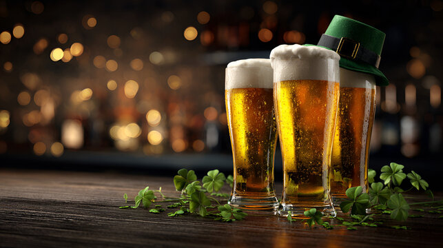 Two glasses of beer and a bottle with green shamrocks on a dark wooden table