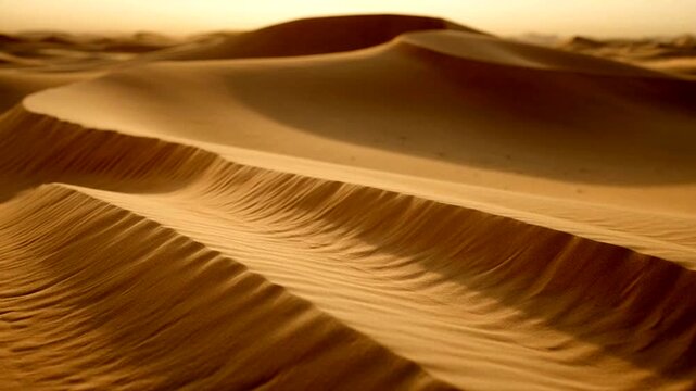 Serene Sand Dunes: Gentle waves of sand undulate across a vast desert landscape, bathed in the soft, warm light of the setting sun.