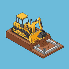 Obraz premium Isometric illustration of a yellow excavator digging a foundation for construction.