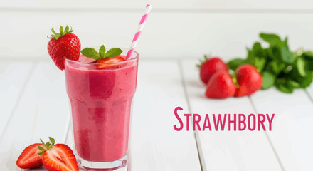 Fresh Strawberry Smoothie in Glass with Straw, Garnished with Mint and Berries © Bawang