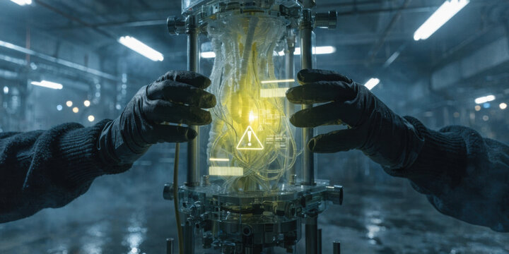 Medical technology glowing bio reactor with networked tubing and warning light in lab