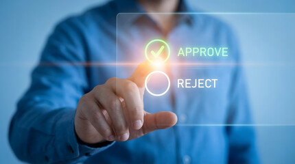 Fototapeta premium A business professionals hand interacts with a glowing virtual screen selecting the approve option for a decisive action in a clear digital interface