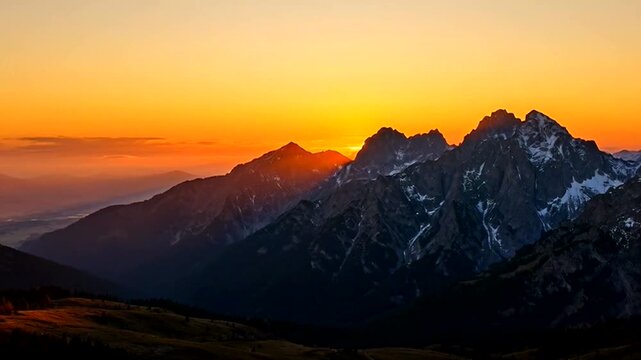 Golden Peaks at Sunrise: Majestic mountain peaks stand silhouetted against a fiery sunrise sky, painted with hues of gold, orange, and amber, creating a breathtaking display of natural beauty.