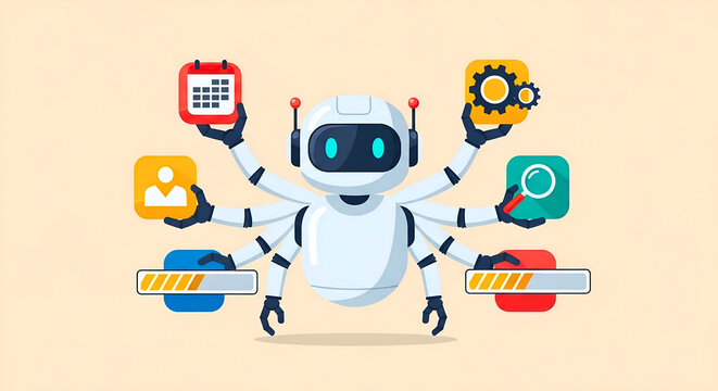 AI multitasking assistant robot managing business workflow icons with calendar and progress bars for project management software landing page