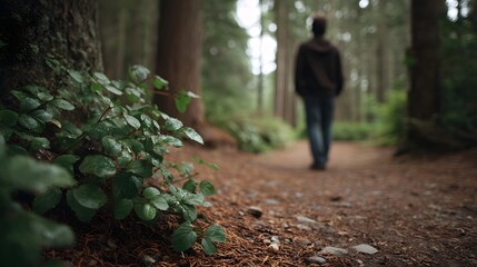 Fototapeta premium A solitary figure walks down a serene forest path with vibrant green plants in the foreground evoking a sense of peaceful solitude and nature