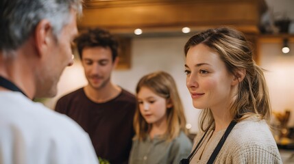 Obraz premium A diverse family gathers in a cozy kitchen sharing a moment of connection and engagement while looking at someone speaking