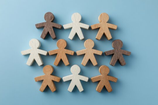 Harmony of Diversity: A symbolic representation of unity, featuring a collection of diverse wooden figures arranged together to represent togetherness and inclusion.