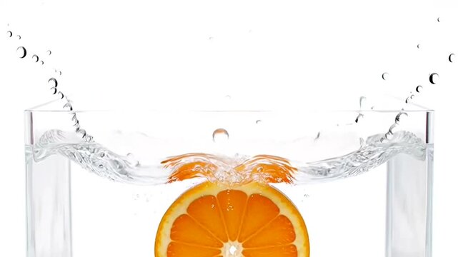Citrus Splash: An eye-catching studio shot of a juicy, fresh orange slice hitting crystal-clear water in a transparent glass, creating a dynamic splash. A refreshing visual experience.