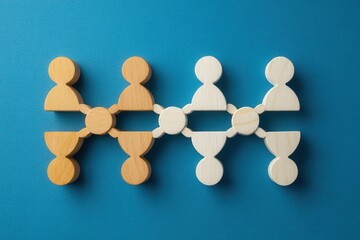 Obraz premium Networking: A visual representation of interconnectedness, depicting wooden figures linked together to illustrate collaboration and relationships, promoting ideas of unity and teamwork.