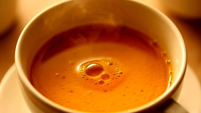 Aromatic Coffee Cup: A close-up shot captures the enticing essence of fresh brewed coffee in a pristine cup, with subtle vapor rising, invoking a sense of comfort and pleasure.