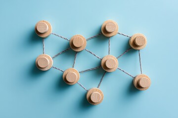 Fototapeta premium Interconnected Network: Abstract wooden objects linked together on a soft blue surface, symbolizing connectivity and network architecture.