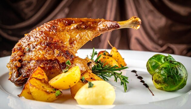 "Roasted poultry with rosemary, potatoes, and Brussels sprouts on white plate with burgundy backdrop"