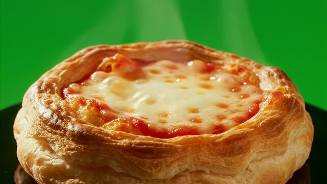 Golden Baked Mini Pizza Puff Pastry with Bubbling Melted Cheese and Tomato Sauce on a Black Plate with Green Background and Soft Lighting