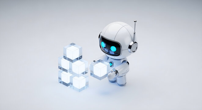 AI blockchain technology infrastructure concept 3D render with robot building glowing hexagonal modules for fintech website hero