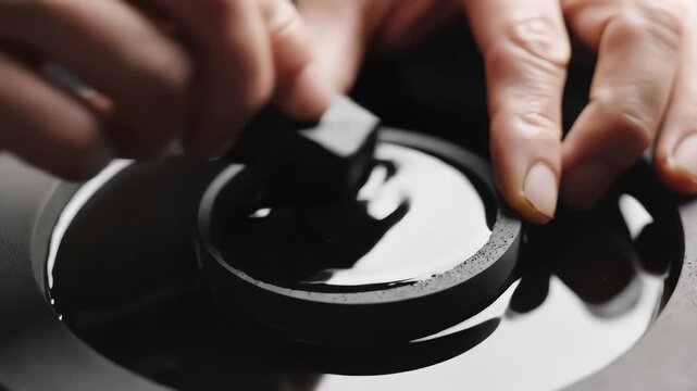 Close up of hands grinding a traditional sumi inkstick on a suzuri inkstone with water to prepare black ink for calligraphy or painting