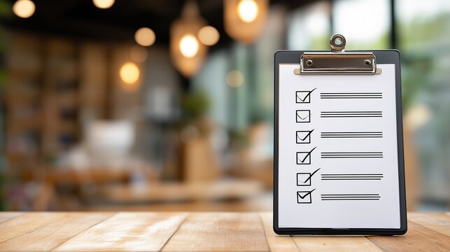 Clipboard with a completed checklist standing on a wooden table in a blurred cafe background, representing remote work flexibility and successful lifestyle business management.