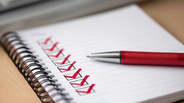 Macro shot of a spiral notebook with bold red check marks and a red pen, focusing on the satisfaction of completing tasks, meeting deadlines, and achieving personal or business goals.