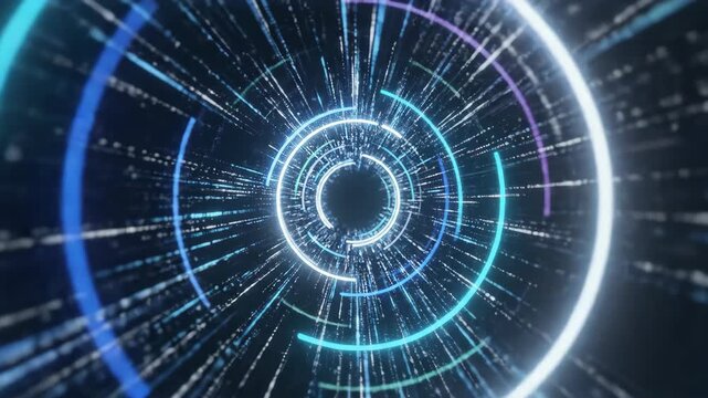 Futuristic digital tunnel of glowing blue circles and data particles flying through cyberspace in an abstract motion background video.