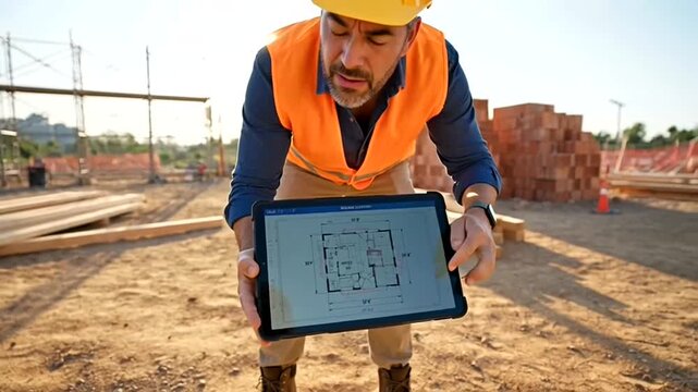 Construction Blueprint Review: A construction worker, helmeted and vested, intently examines architectural blueprints displayed on a tablet at a construction site.