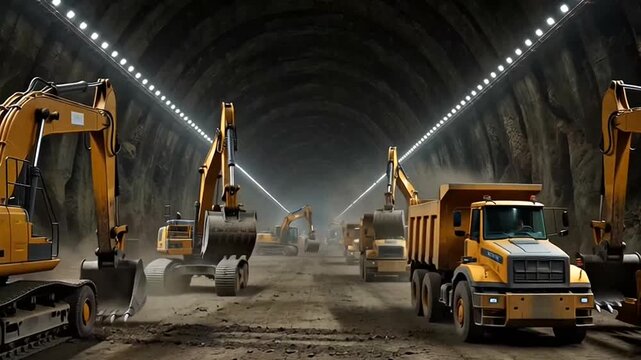 Tunnel Construction Scene: A dynamic view showcasing the industrial prowess with heavy machinery at work within a tunnel, highlighting engineering marvels.